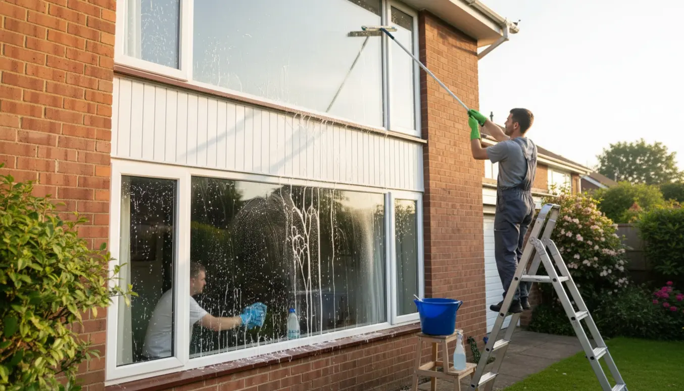 Vinduespudser på stige pudser øverste vindue med stang, mens indvendigt en klud og spand står på vindueskarmen foran en velholdt have.