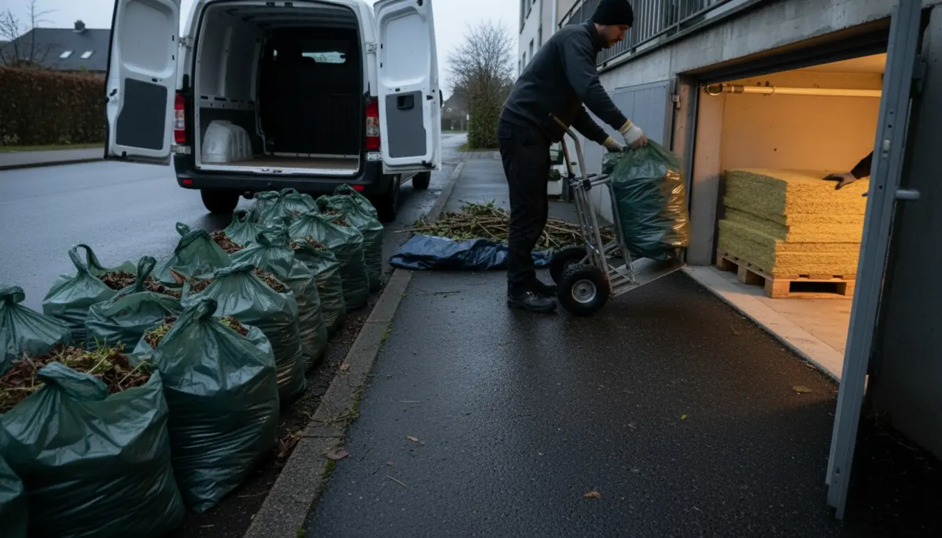 Fortov med omkring ti sække haveaffald ved en varevogn og en åben kældertrappe med stakke rockwool, uden tydelige ansigter.