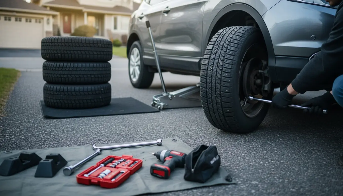 Skifte af vinterdæk på en Nissan Qashqai i indkørsel med dækkestak og værktøj.