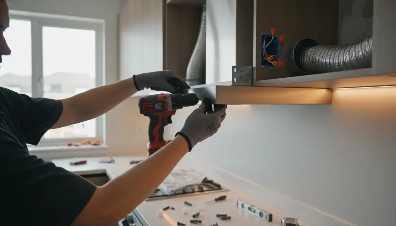 Nærbillede af montering af en 60 cm indbygget emhætte i et moderne køkken, kun hænder og værktøj synlige.