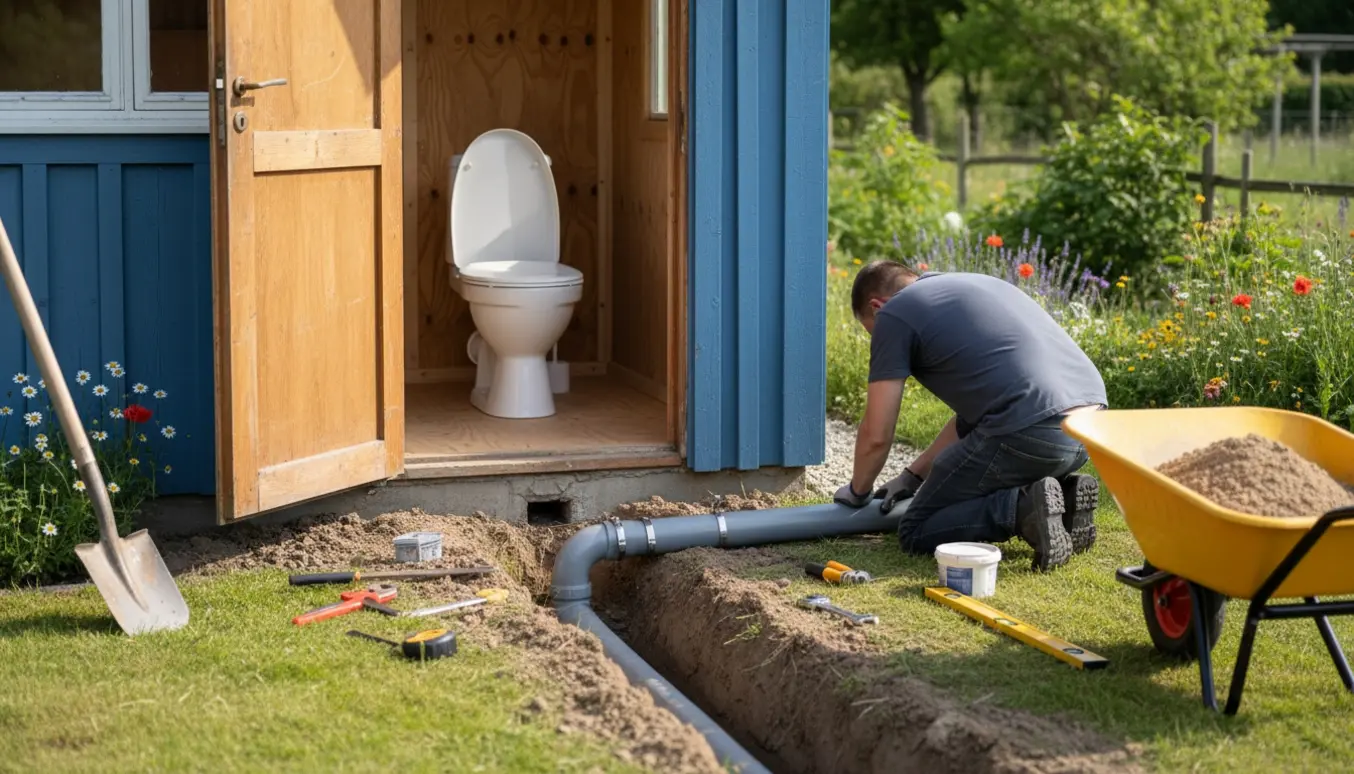 Håndværker forbinder PVC-kloakrør ved et kolonihavehus, nyt toilet ses inde i huset.