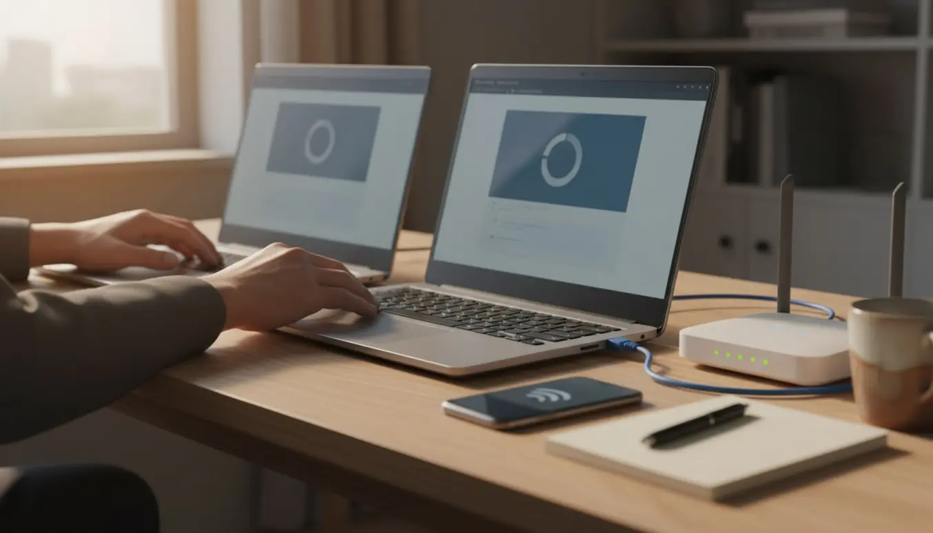 To bærbare computere viser indlæsningsikoner på et skrivebord med router, kabel og telefon ved siden af.