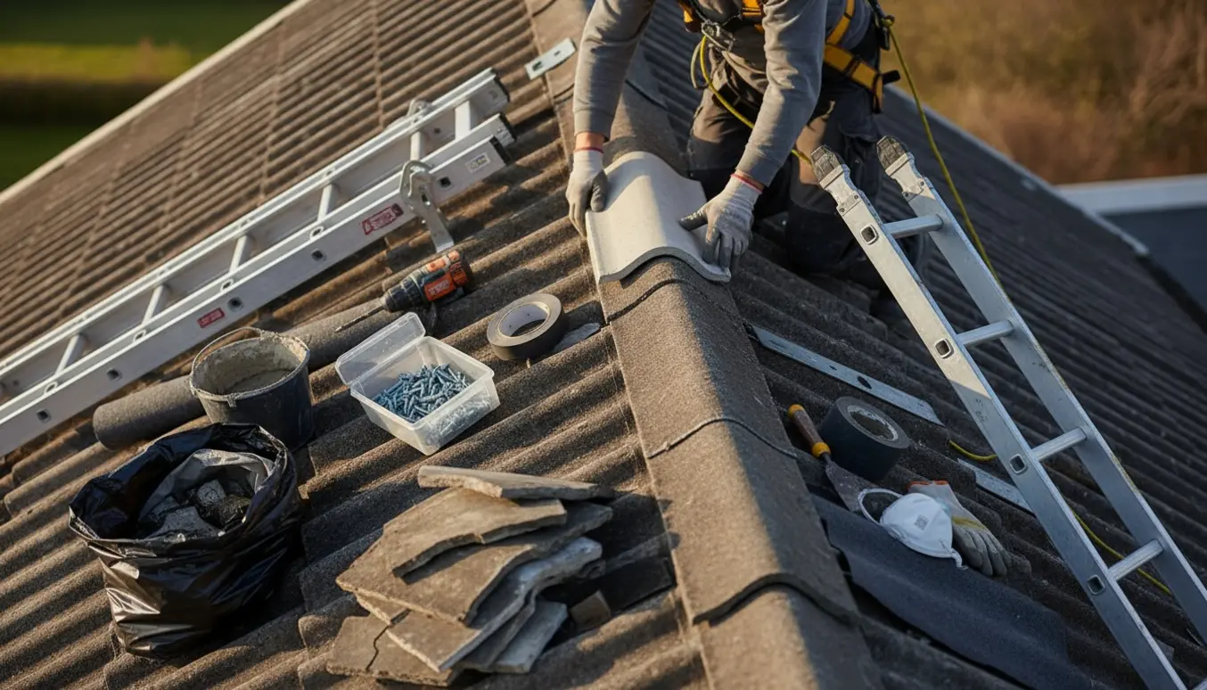 Hænder monterer ny rygning på et 45° eternittag med stige, rygningstige, værktøj og sikkerhedsudstyr.