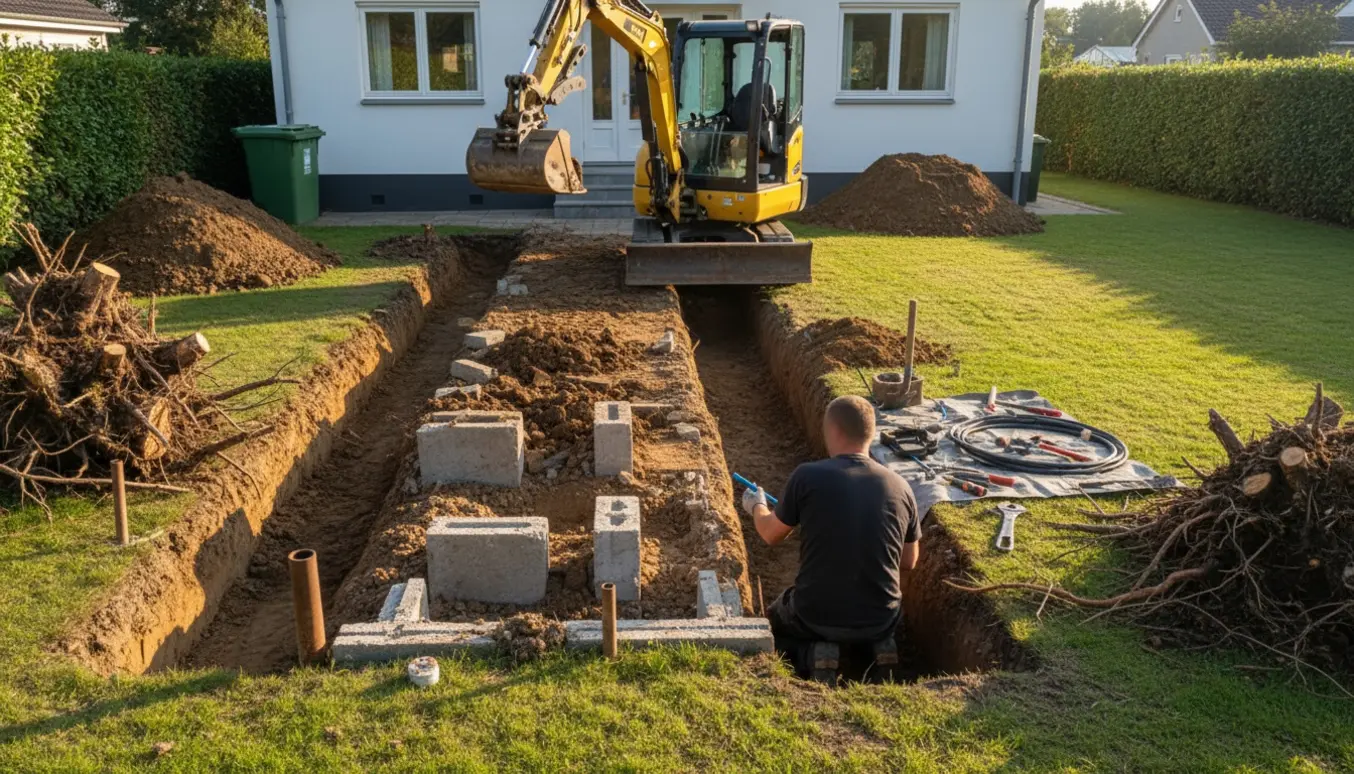 Minigraver og håndværker graver to indkørsler og et 1,2 m dybt hul til vandforsyning med jord, betonfundamenter og stubbe i baggrunden.