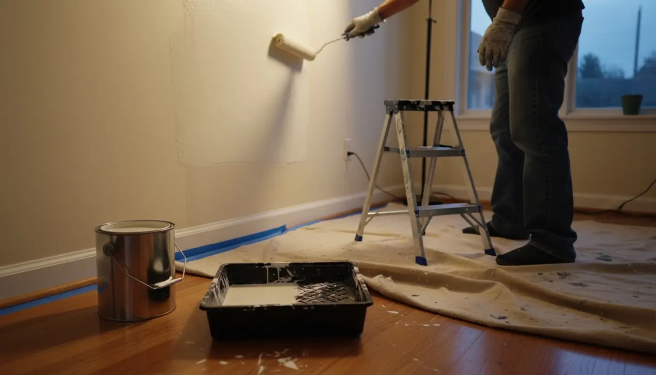 Hænder ruller frisk maling på en væg om aftenen med malerudstyr omkring.