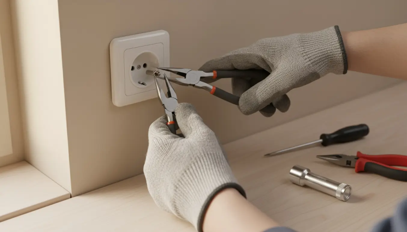 Handskenklædte hænder fjerner en brækket metalstift fra en vægstik med tænger.