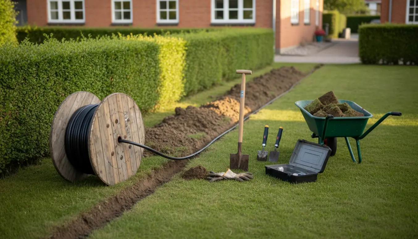 Kabel nedgraves langs hæk og plæne i en forhave i Virum med kabelrulle og haveredskaber.