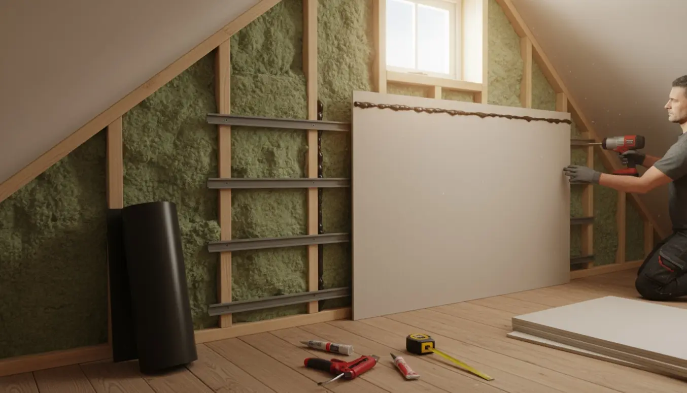 Lydisolering af en lille skråvæg i et renoveret høloft med mineraluld og gipsplader.