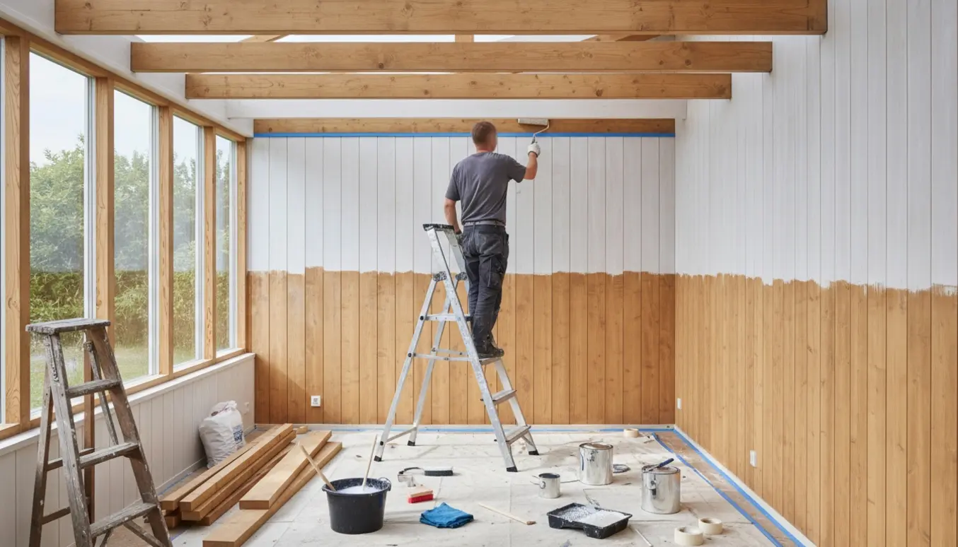 En maler på en trappestige hvidpigmenterer træpaneler i en havestue, med halvt hvidmalet væg og malerudstyr på gulvet.
