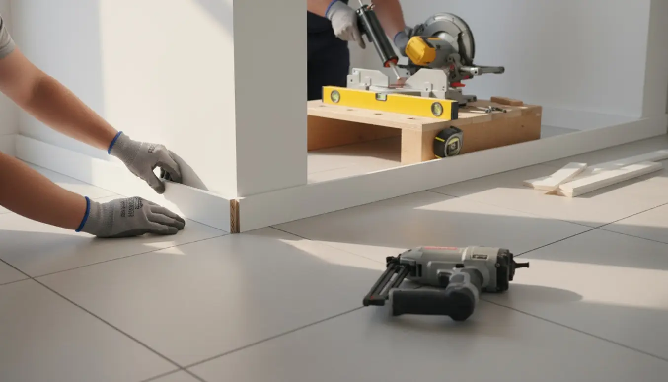 Hænder monterer hvide, slanke fodpaneler langs et nyetableret flisegulv med værktøj i forgrunden.