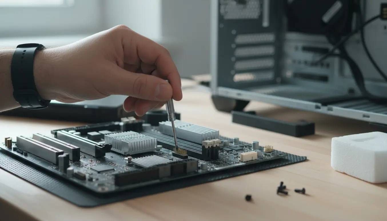 Nærbillede af hænder, der monterer et TPM 2.0-sikkerhedsmodul på et åbent bundkort.