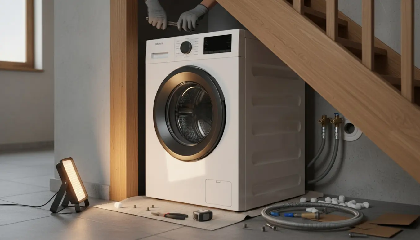 En kompakt vaskemaskine installeres under en trappe i en smal gang, hænder fjerner transportskruer og slanger ligger klar.