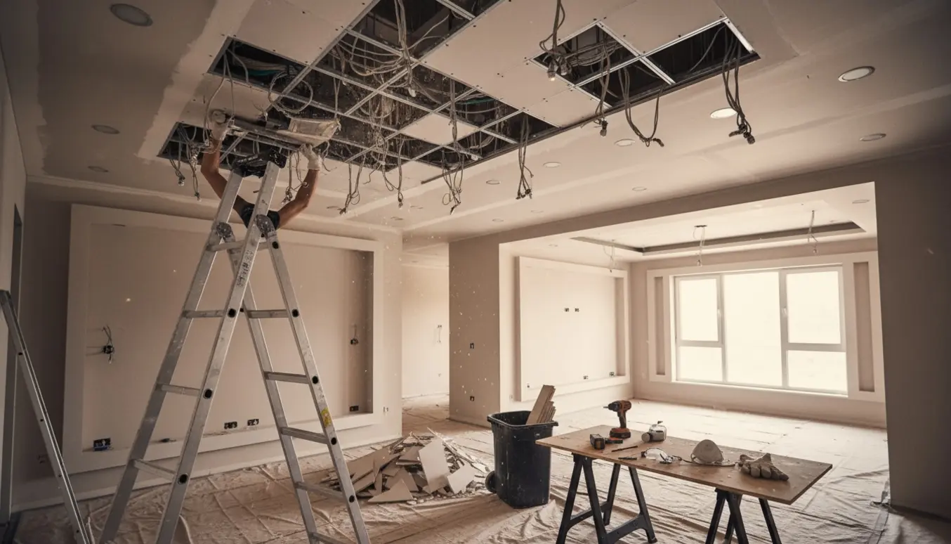 Indvendig lejlighed med nedtagning af gipslofter i to værelser, værktøj og beskyttelsesafdækning tydeligt synlig.