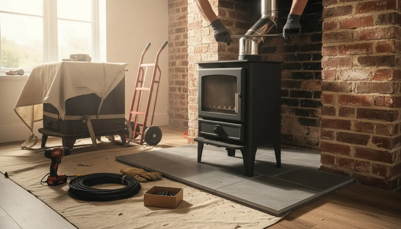 Installatør monterer ny brændeovn og forlænget skorstensrør, mens den gamle ovn står klar til bortskaffelse.
