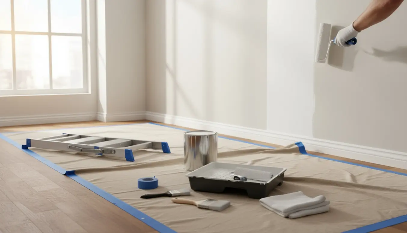 Maler ruller hvid maling på en væg i et rum med gulvet dækket af afdækning og malerværktøj.