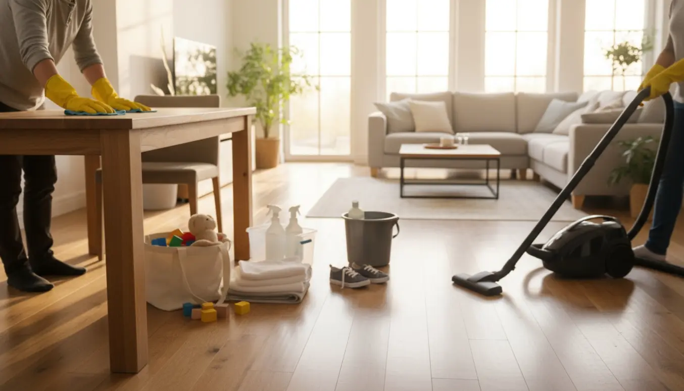 Solbelyst familieværelse med rengøring i gang — støvsuger, moppe, klude og rengøringskasse, ingen ansigter synlige.