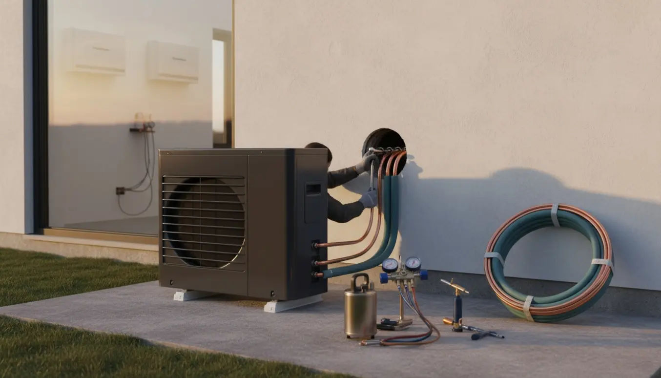 Tekniker tilslutter en Panasonic multisplit varmepumpe udendørs med to indedele synlige gennem vægåbningen.