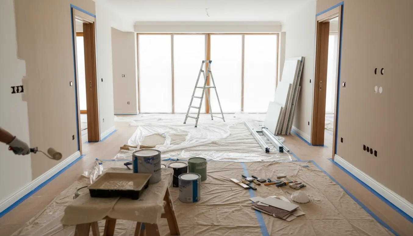 Tom villa-stue under maling med afdækket gulv, malerbøtter, ruller, spartel og nye lofter stablet klar til senere montering.