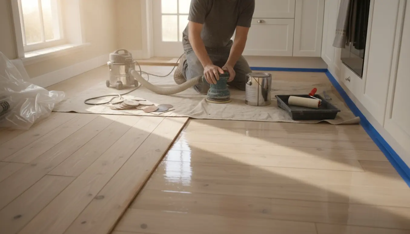 Slibning og lakering af et lille køkkengulv og dørtrin med synligt slibet træ, lakkens glans og værktøj.