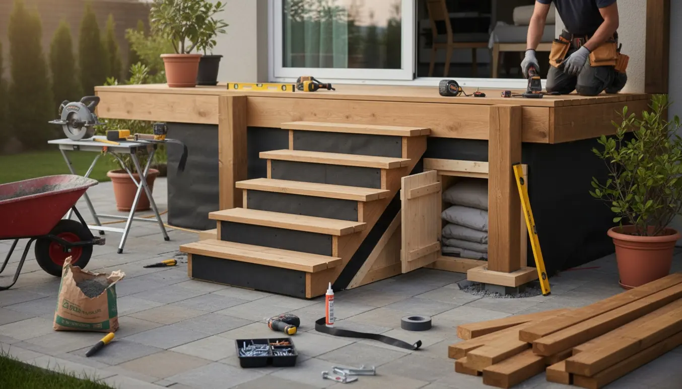 En trappe i træ fra terrassedør med vandtæt underside, indbygget opbevaringsskab og stolper støbt i beton.