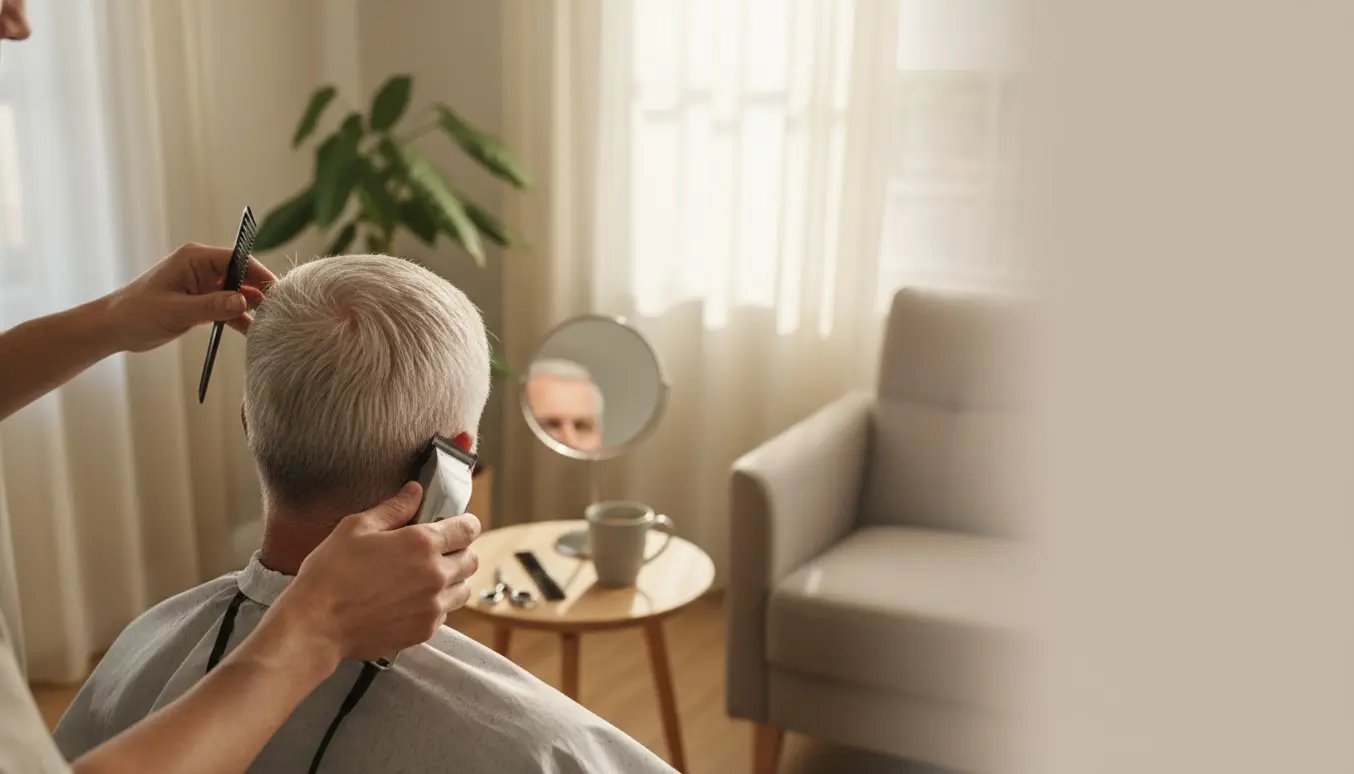 Ældre mand får kort herreklip hjemme i stuen, frisør trimmer nakken med maskine ved et lille bord med værktøj.