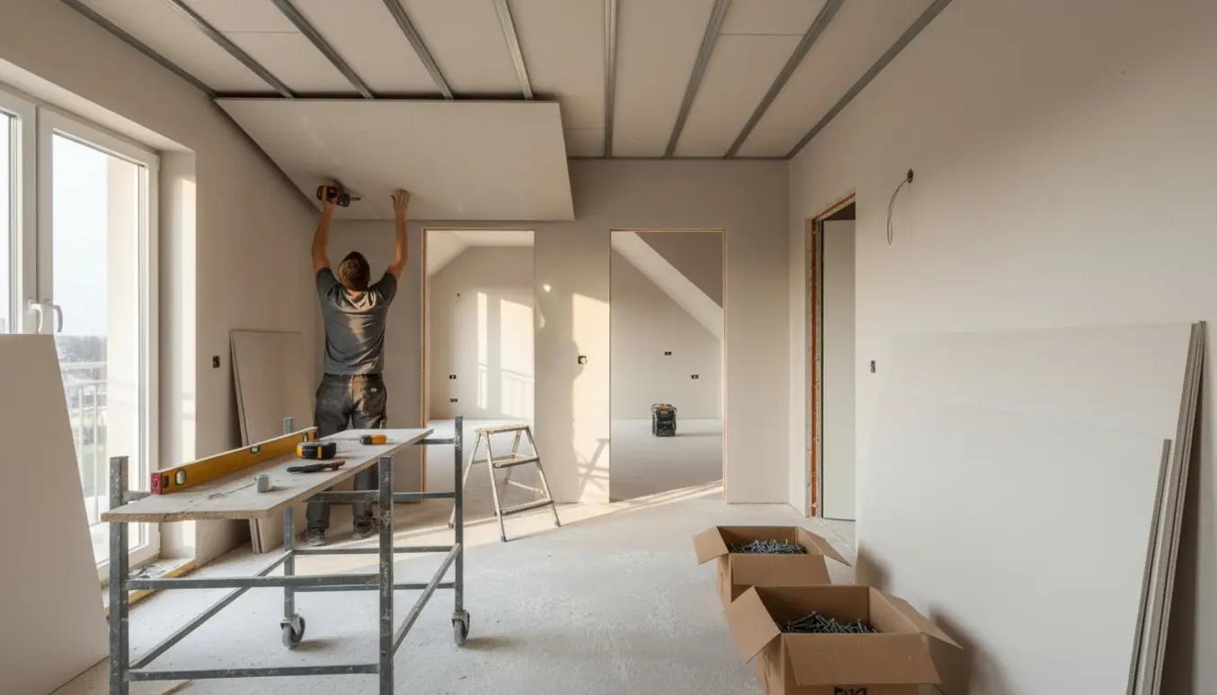 Opsætning af gipsloft i gang og værelser med skråvægge, værktøj og materialer i fokus.