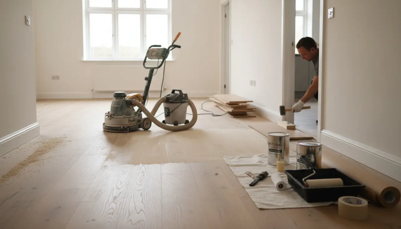 Lys, realistisk scene af gulvslibning og lakering med nye trægulvsplanker i stue og gang.