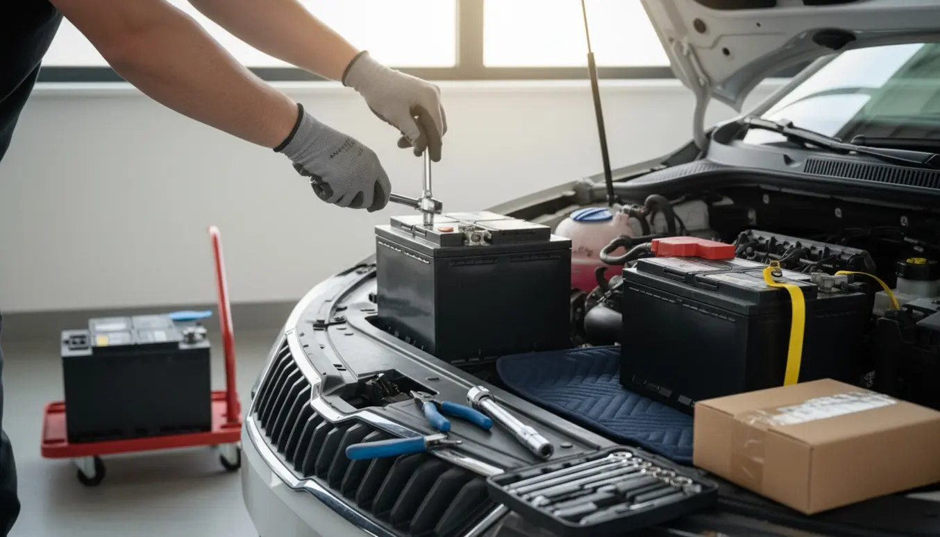 Hænder med arbejdshandsker afmonterer et start-stop bilbatteri i en åben motorhjelm, nyt batteri ligger klar ved siden af.