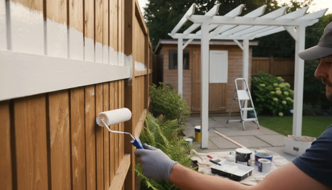 Delvist malet træhegn, pergola og udhus i have med malerværktøj i forgrunden.