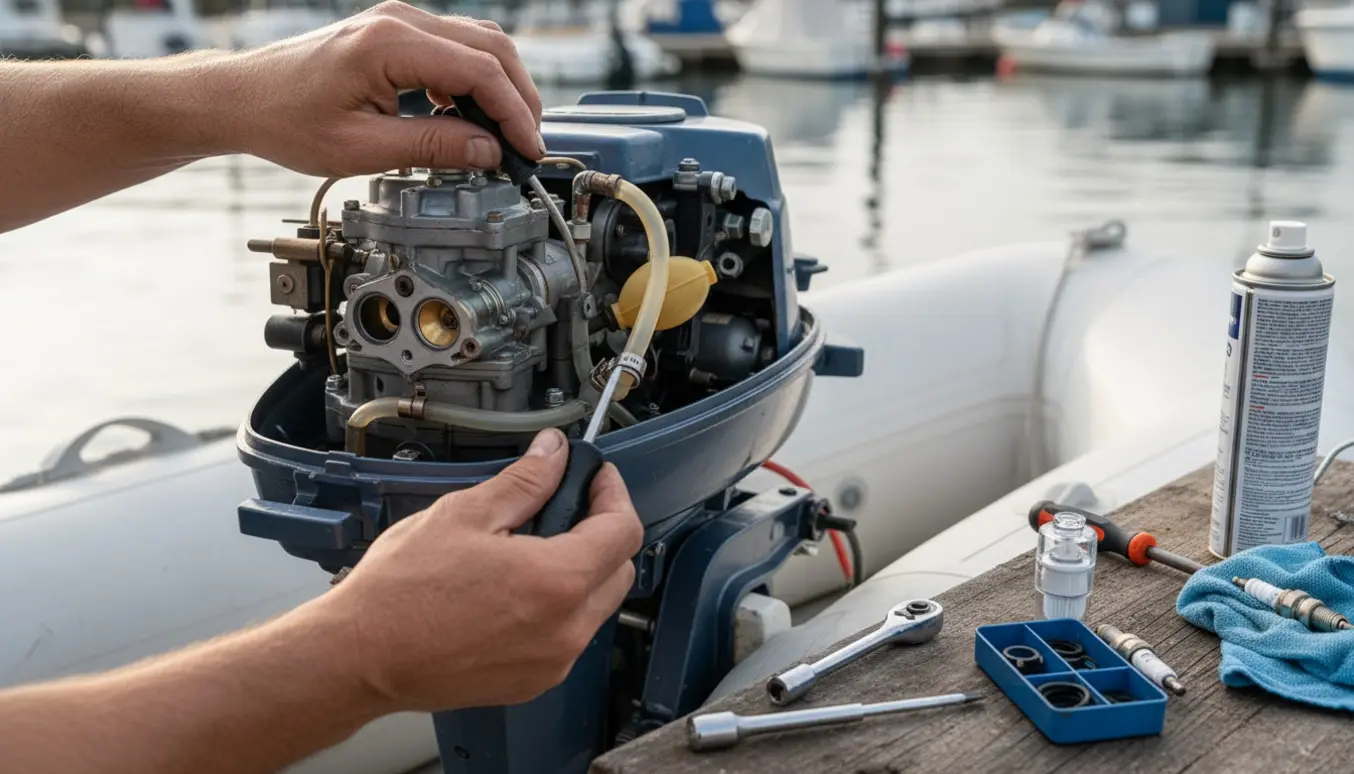 Hænder justerer karburatoren på en åben 15 hk påhængsmotor ved en havn med værktøj og reservedele.
