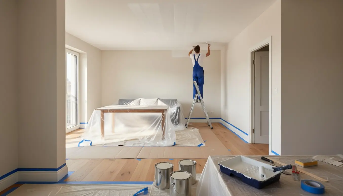 Stue og køkken under malerarbejde med dækkede møbler, maler på stige og åbne malerbøtter.