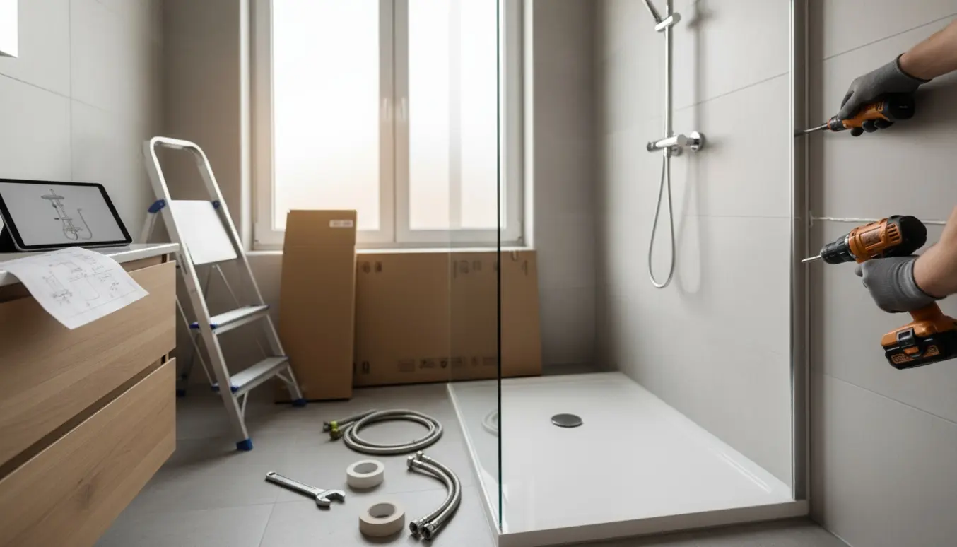 Installation af en glasbrusekabine i et moderne badeværelse med værktøj og hænder i arbejde.