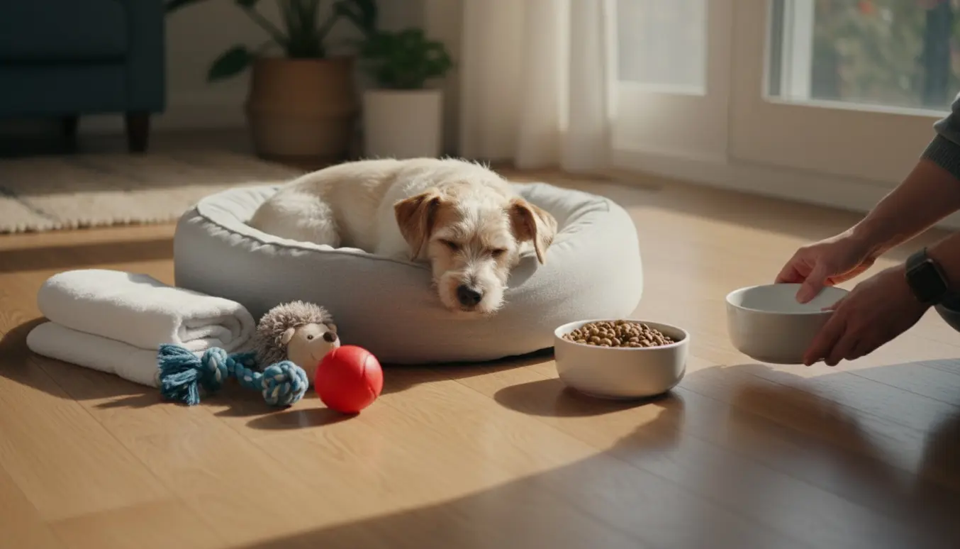 Lille renlig hund slapper af i sit hjem på en blød hundeseng, mens pasningspersonens hænder rækker en vandskål frem.