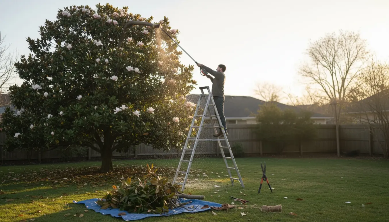 Topbeskæring af et 6–7 meter højt magnoliatræ i en baghave med en forlænget grensav og afklippede grene samlet på en presenning.