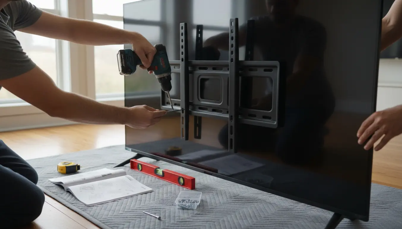 Hænder monterer et stort 65 tommer tv på vægbeslag i en moderne stue med værktøj og manual.