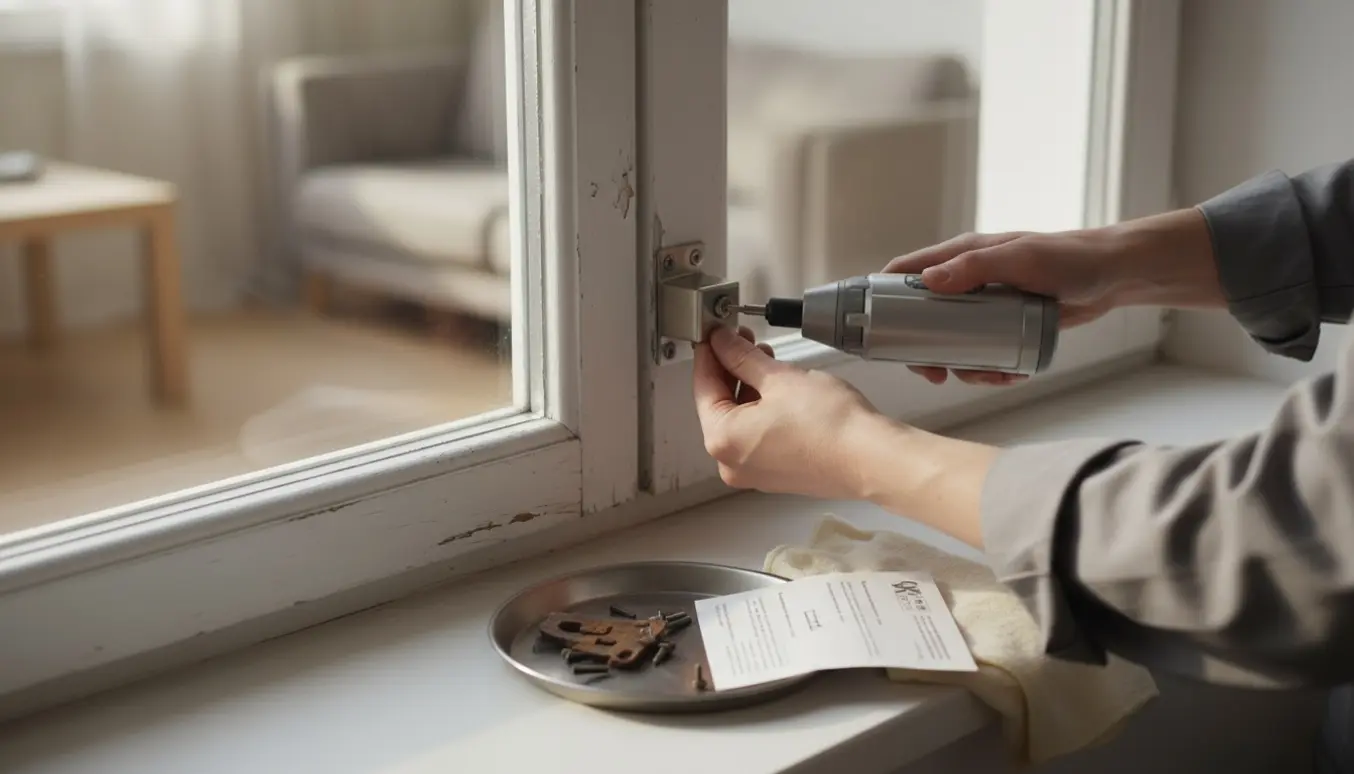 Hænder monterer en ny vindueshaspe som tyverisikring på en vinduesramme med skruer og værktøj på vindueskarmen.