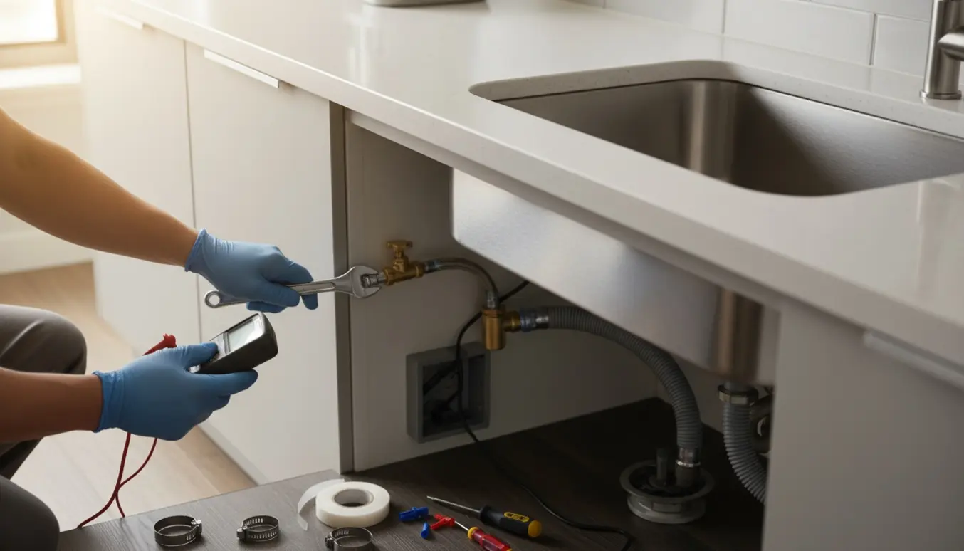Installatørs hænder forbinder vand- og strømtilslutninger til en ny indbygget opvaskemaskine i et køkken.