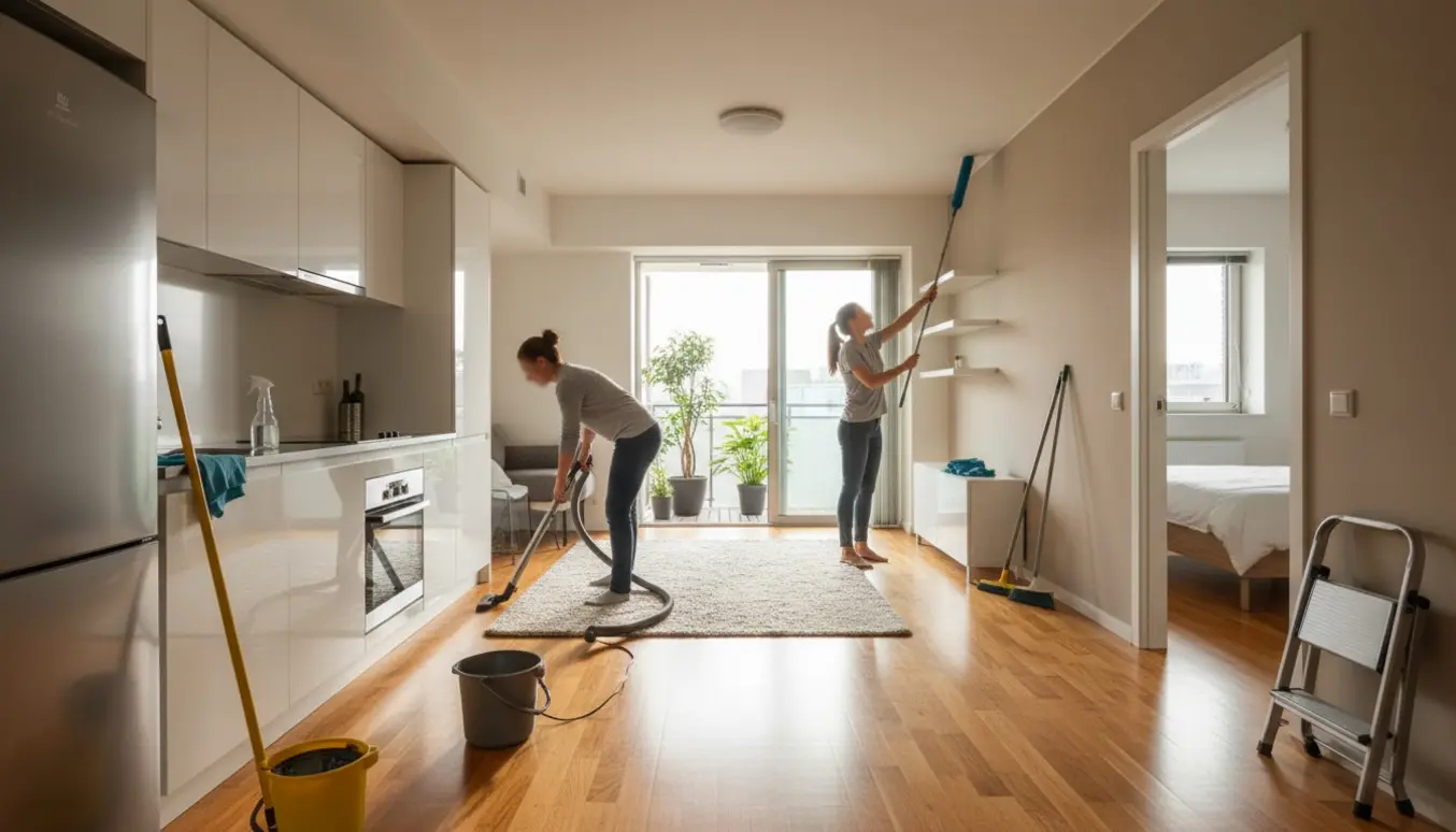 Rengøringsfolk gør grundig rengøring i en lys moderne lejlighed med støvsuger, moppe og en langkost til høje hylder.