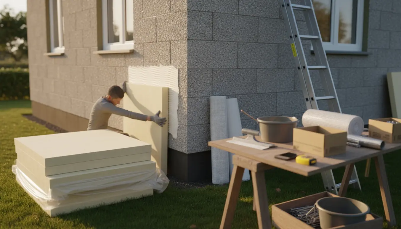 Arbejdshænder monterer isoleringsplader på en gasbetonfacade med mørtel, rulleglasfiber og stige i baggrunden.