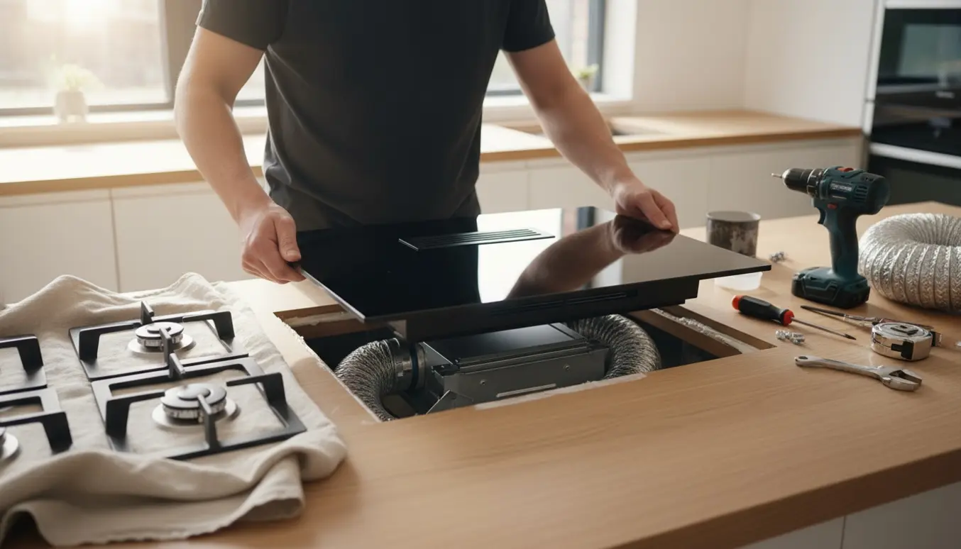 Installatørs hænder monterer en sort glas-kogeplade med indbygget emhætte i en lys træbordplade.