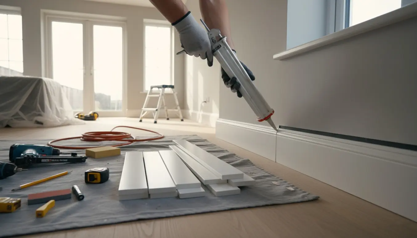 Hænder fuge afslutter fodlister og skyggelister i en lys stue med værktøj og tilskårne lister.