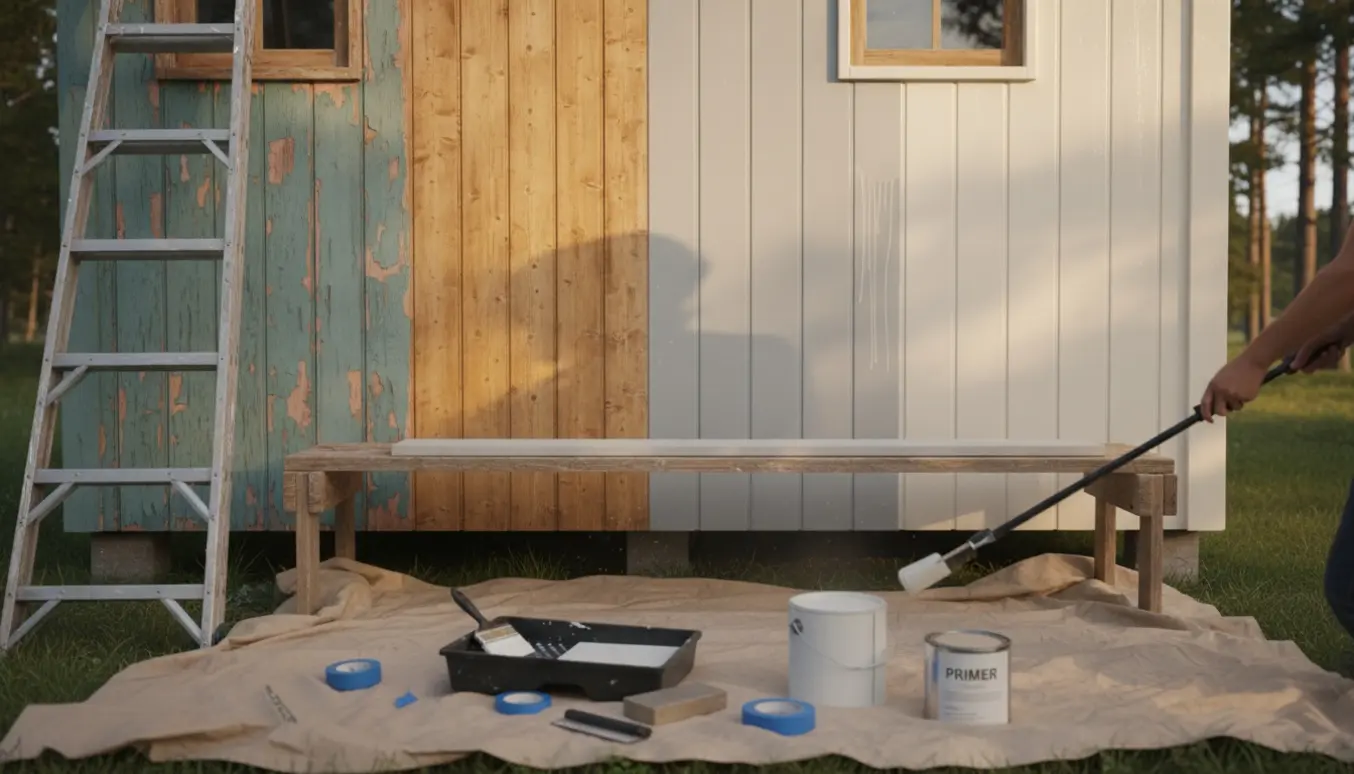 Sommerhusfacade under maling med stige, lavt stillads og værktøj, hvor gammel maling er fjernet og nyt lag påføres.