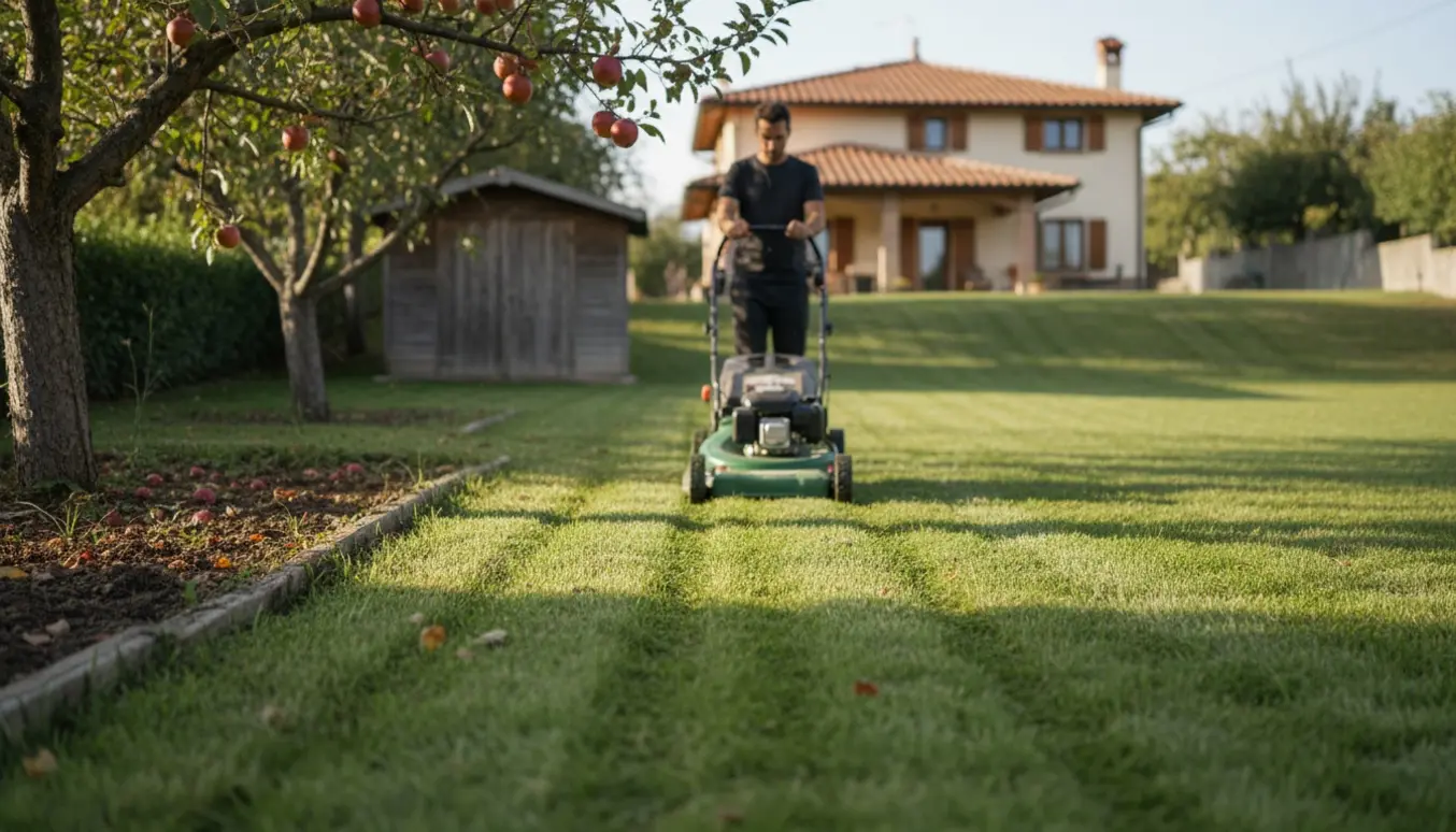 En person skubber en velholdt plæneklipper op ad en let skrånende græsplæne under et æbletræ.