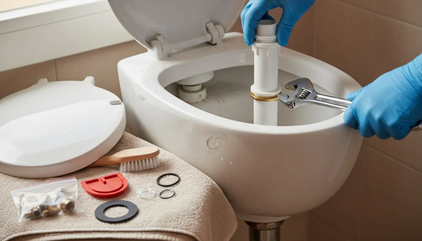 Nærbillede af åben toiletcisterne med handsker, der installerer nye reservedele efter afkalkning.