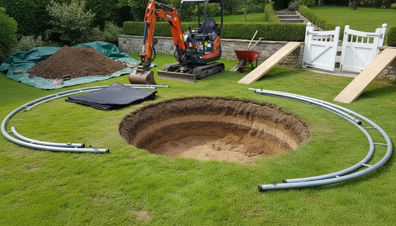 Mini-graver ved en rund udgravning i græsplænen klar til nedgravning af trampolin.
