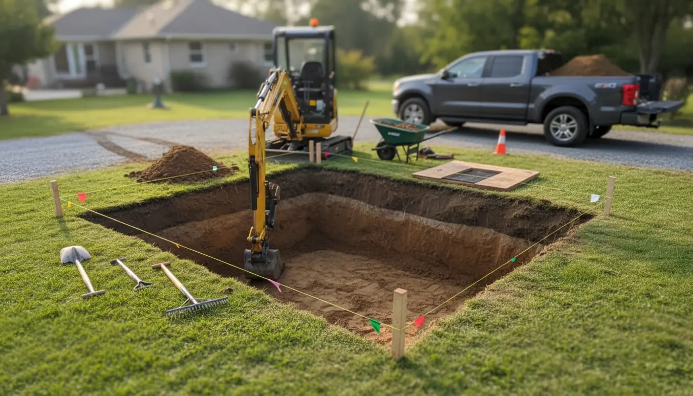 Udgravning til en sunket trampolin 5x3 m, ca. 75 cm dyb, med jordbunker, mini-gravemaskine og lastbil klar til at køre jorden væk.