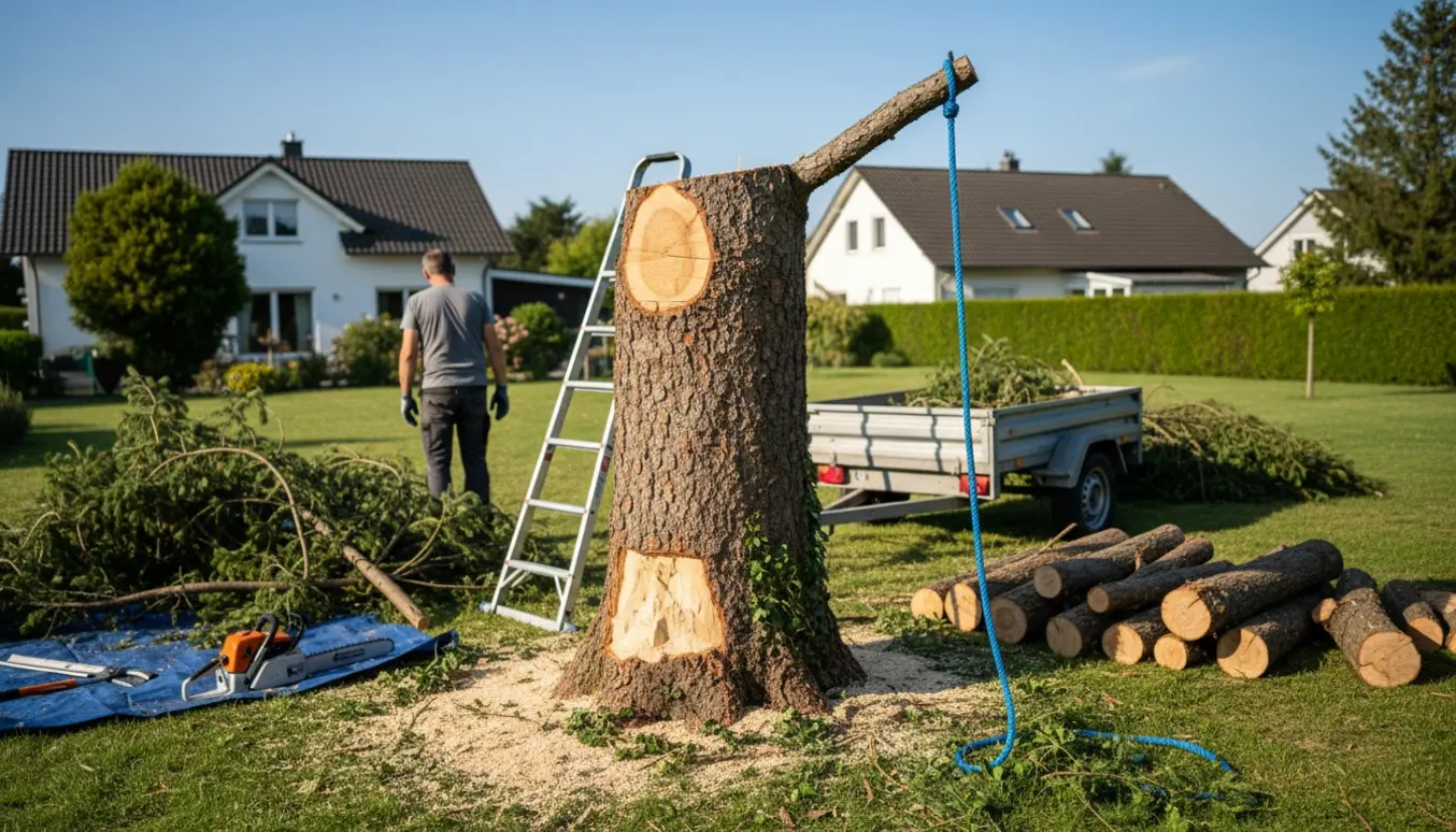 Træ skåret tilbage til omkring tre meters højde med et blåt gyngereb, bunker af skåret træ og fjernet efeu ved huset.