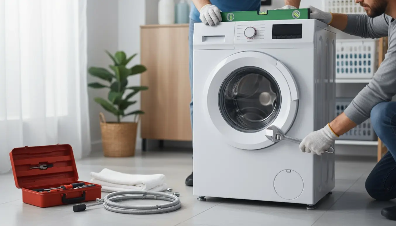 Hænder justerer fødderne på en ny vaskemaskine med vaterpas og værktøj i et lyst bryggers.