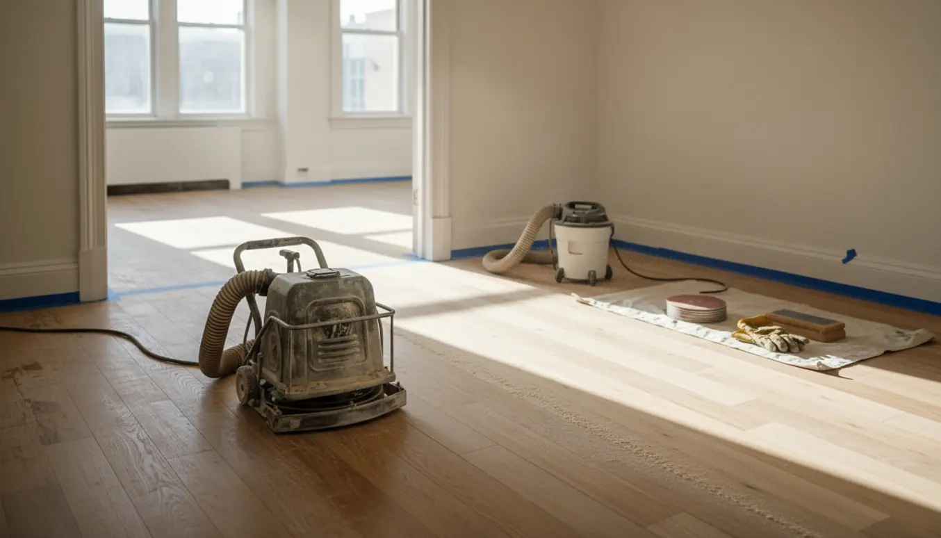 Tom lejlighed med en gulvsliber i gang og et lyst trægulv delvist slebet.