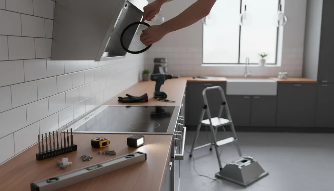 Hænder monterer en ny emhætte med kulfilter over komfuret i et lyst køkken.